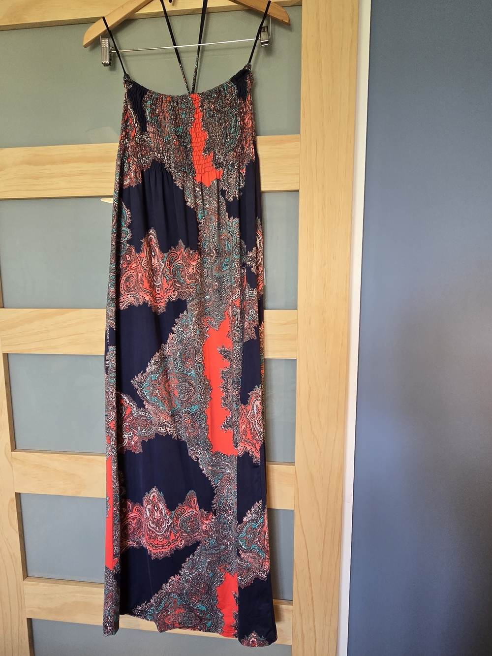 Navy Paisley Maxi Dress with Coral and Teal Accents - Picture 2 of 5